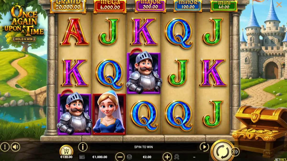 Cena épica de fantasia medieval com um cavaleiro e um dragão no slot Once Again Upon A Time