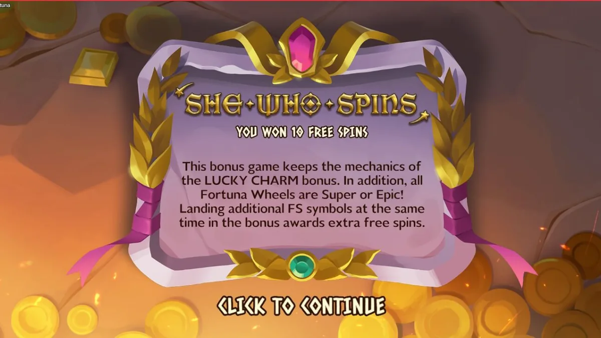 Interface do slot Rise of Fortuna em um dispositivo móvel exibindo a deusa Fortuna