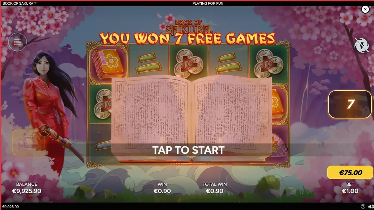 Interface do slot Book of Sakura com tema de cerejeiras e guerreira japonesa